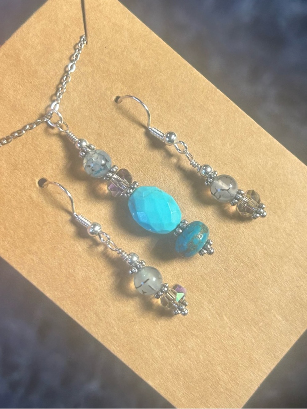 Handcrafted amazonite dragon vein agate crystal necklace and earring set